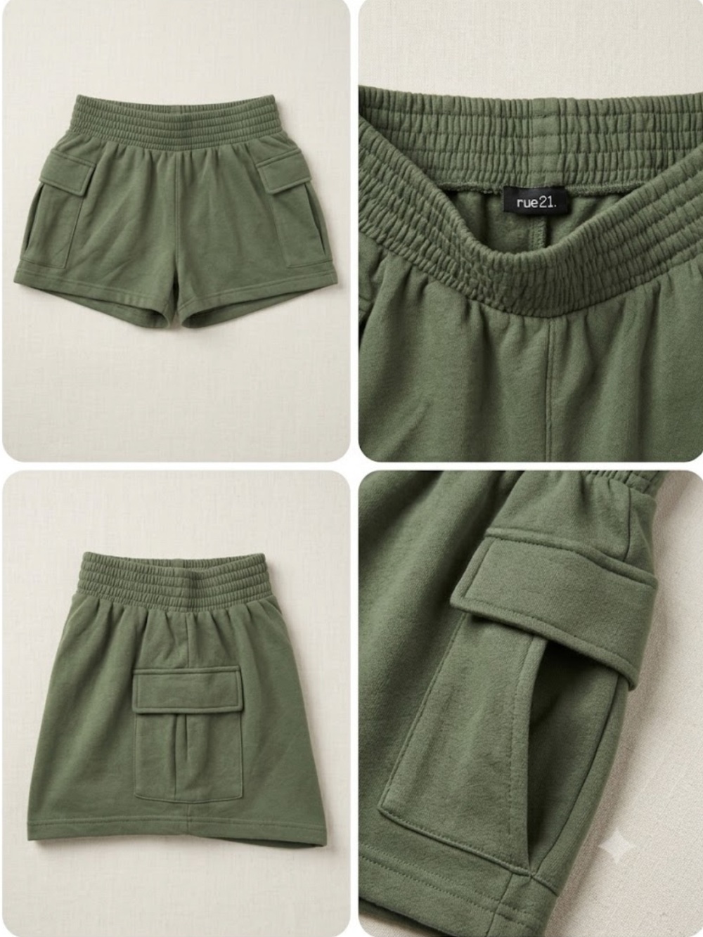 High-Waist Olive Green Smocked Waist Women’s Shorts. Size Medium (M)